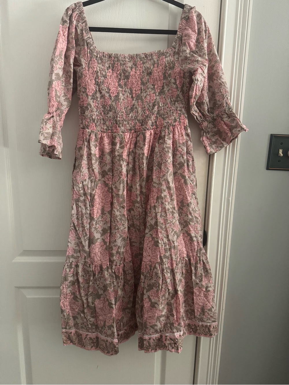 Victoria Dunn Pink and Taupe Floral Smocked Midi Dress